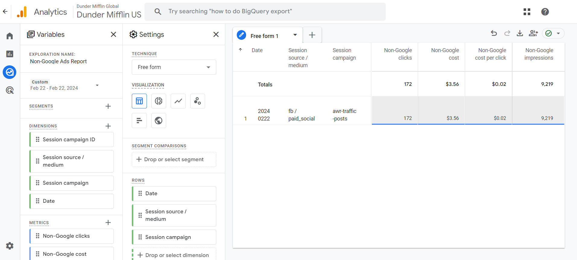 Google Analytics Cost Report